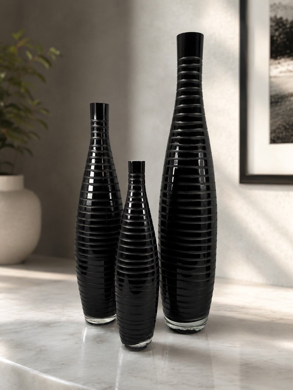 TOZAI HOME Set of 3 VASES black, 19”, 15” and 13” with some chips